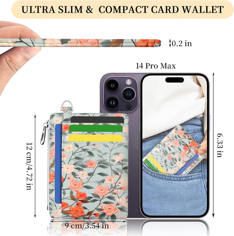 Hancynir Slim Wallet Women Credit Card Holder Floral Flower RFID Blocking Small Cute Card Wallets Mini Front Pocket PU Leather Card Case Thin Travel Zipper Coin Cash Ladies Female Wallet Gifts - Image 2